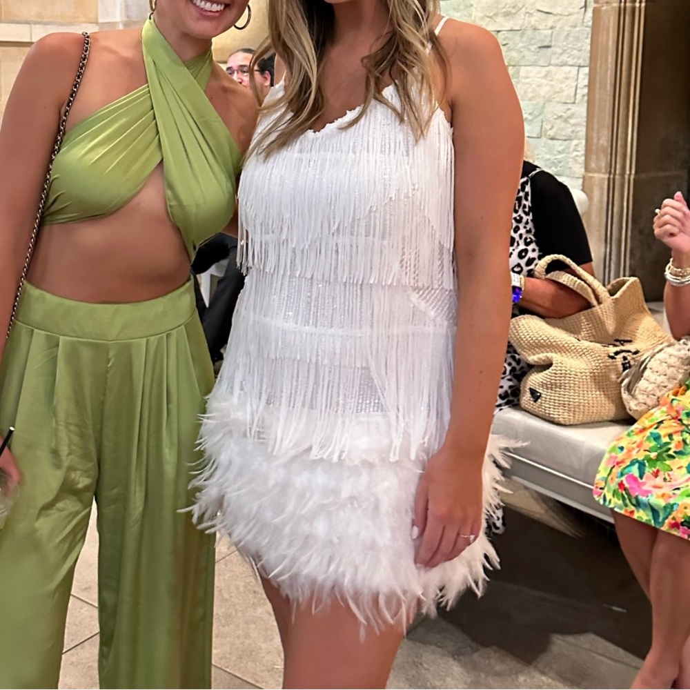 White Sequin and Feather Showpo Mini Dress